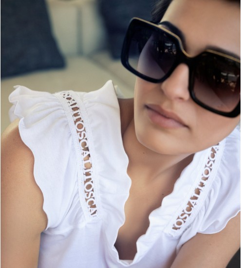 Top en coton jersey macramé 010 Blanc