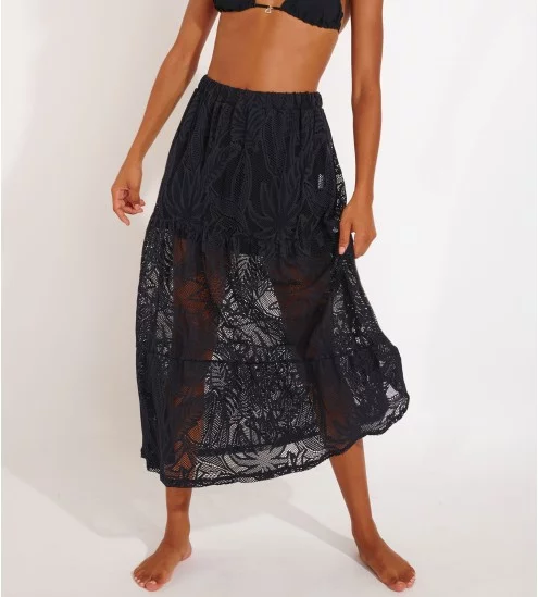Jupe longue dentelle crochet Enara Noir JQV01