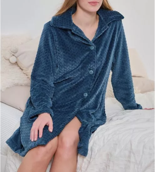 Robe de chambre boutonnée Velours Bleu