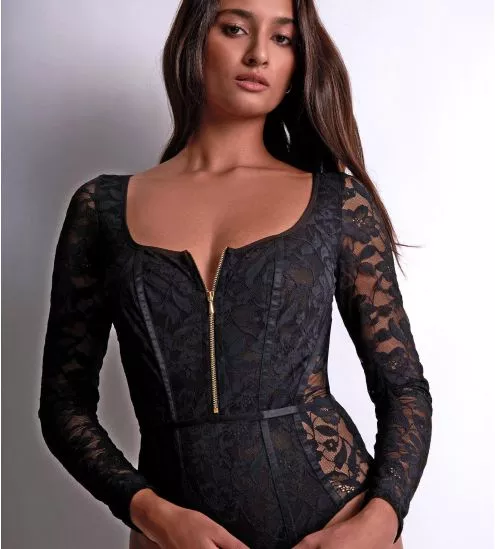 Body zippé dos-nu en dentelle Noir