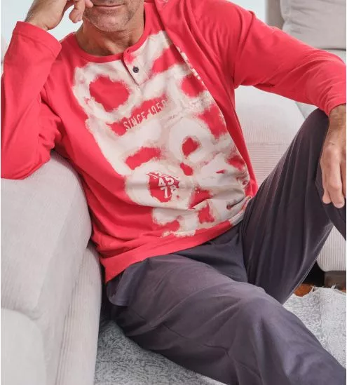 Pyjama homme en coton Col Tunisien Rouge