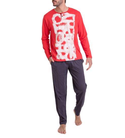 Pyjama homme en coton Col Tunisien Rouge