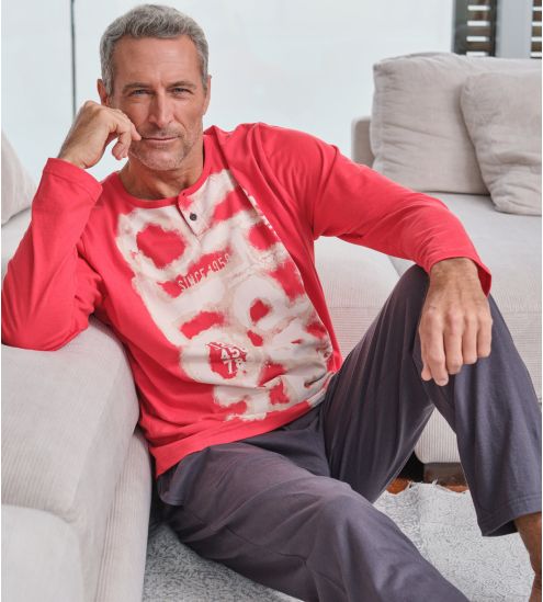 Pyjama homme en coton Col Tunisien Rouge