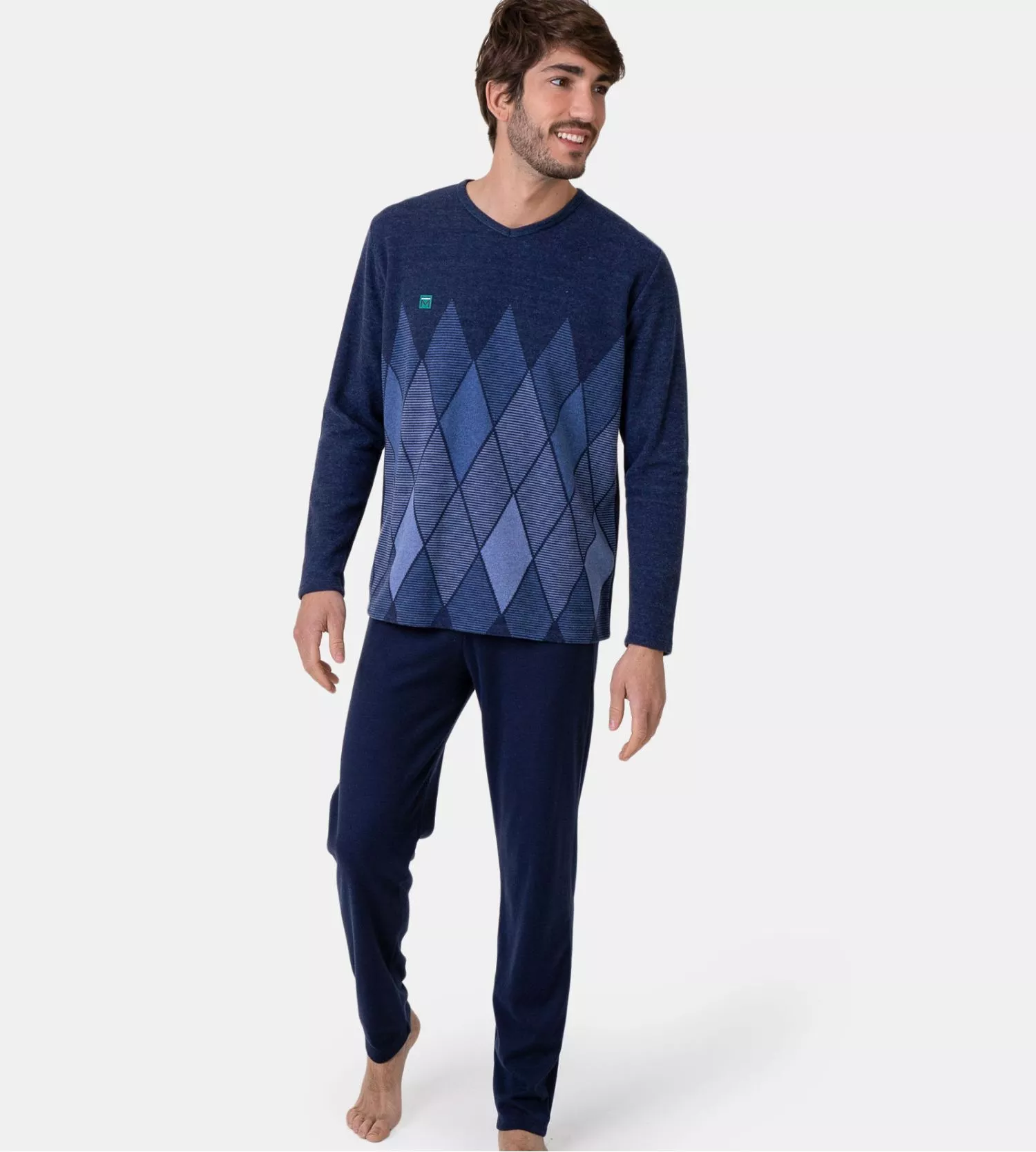 Pyjama Polaire Homme Col V Bleu Massana