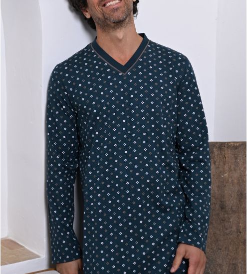 CHEMISE DE NUIT CLASSIQUE POUR HOMME EN 100% COTON AVEC BONNET ET CONTRASTES