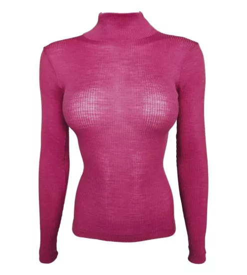Pull col cheminée en laine & soie fuchsia