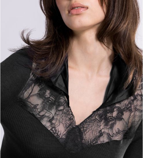 Top à manches longues Laine & Soie Noir