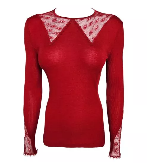 Top à manches longues en tulle brodé Laine & Soie Rouge