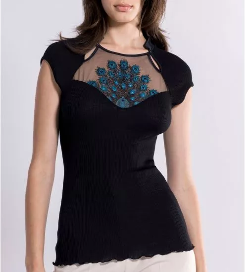 Top à manches courtes Laine & Soie Noir