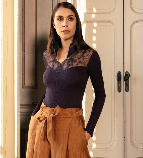 Top manches longues laine, soie et dentelle Mirtillo