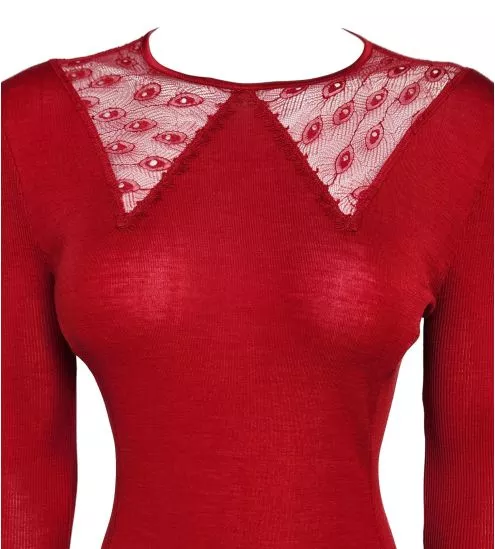 Top à manches longues en tulle brodé Laine & Soie Rouge