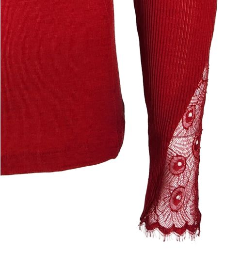 Top à manches longues en tulle brodé Laine & Soie Rouge