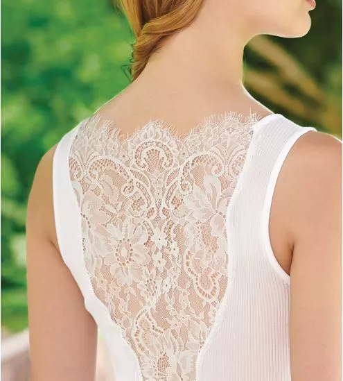 Top en coton file d'Ecosse et dos en dentelle blanc