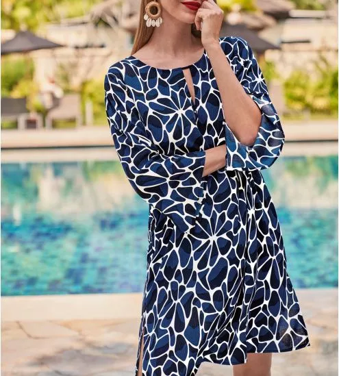 Robe manches 3/4 imprimé Noir/Bleu Piscine