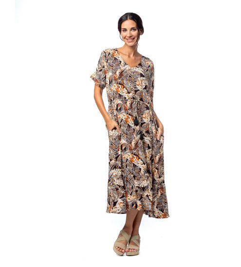 Robe longue à manches courtes imprimé Jungle Noir/Marron