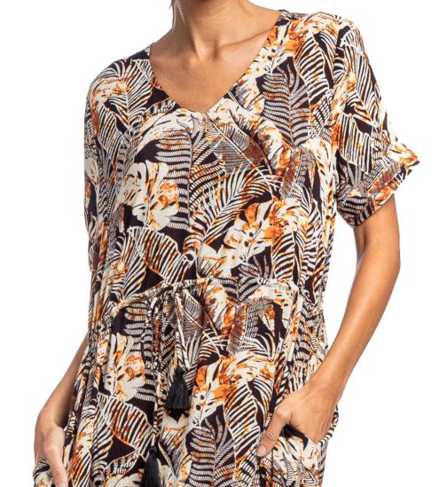 Robe longue à manches courtes imprimé Jungle Noir/Marron