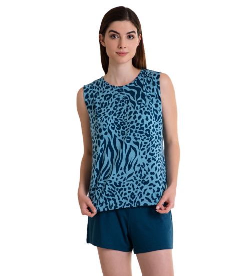 Pyjama court sans manches pour femme Couleur D'huile Bleu