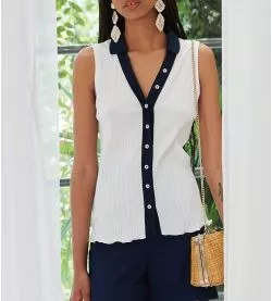 Gilet sans manches en coton côtelé marine et blanc