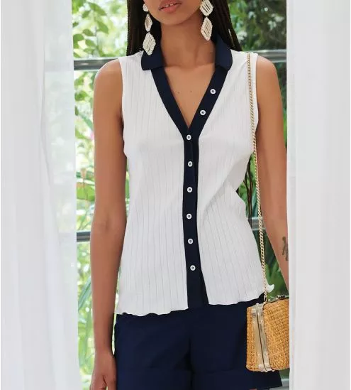 Gilet sans manches en coton côtelé marine et blanc
