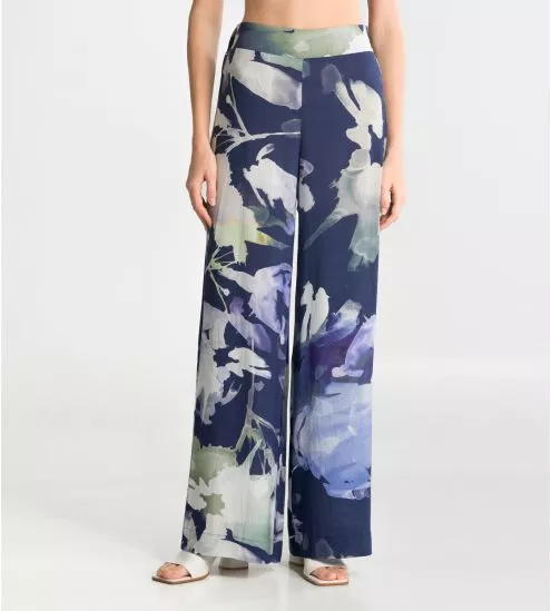 Pantalon en viscose effet lin imprimé