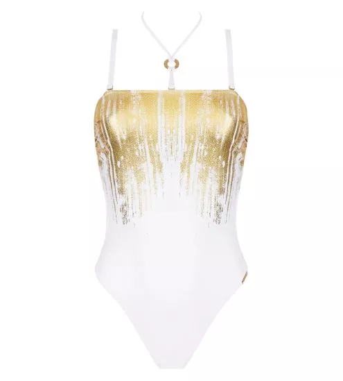 Maillot de bain 1 pièce bandeau FEUILLE D'OR - Or Sur Blanc