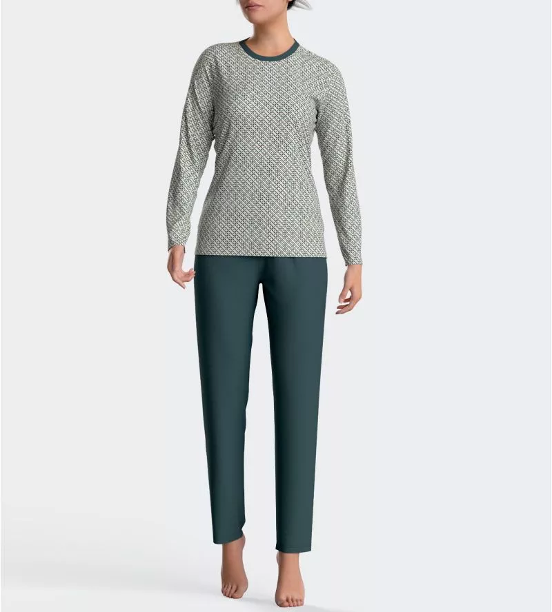 Pyjama femme manches longues Vert / Beige
