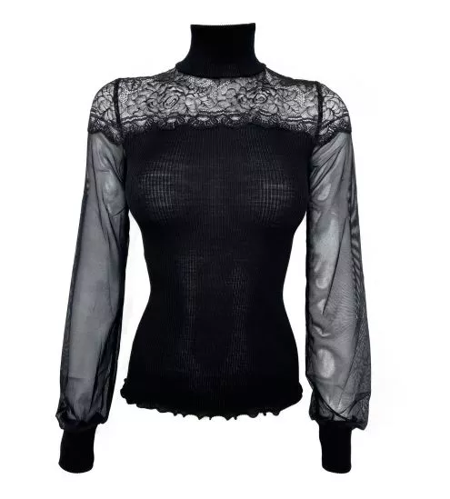 Top Laine & Soie manches longues cheminée en tulle Noir