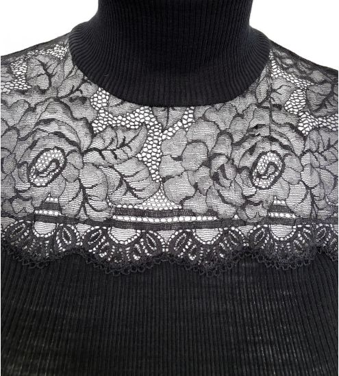 Top Laine & Soie manches longues cheminée en tulle Noir