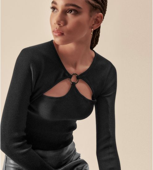 Top Laine & Soie manches longues anneau Noir