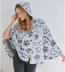 Poncho à capuche pilou coeur léopard Gris