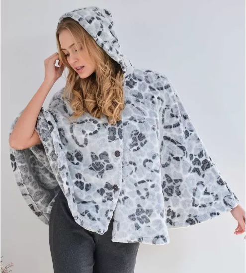 Poncho à capuche pilou coeur léopard Gris