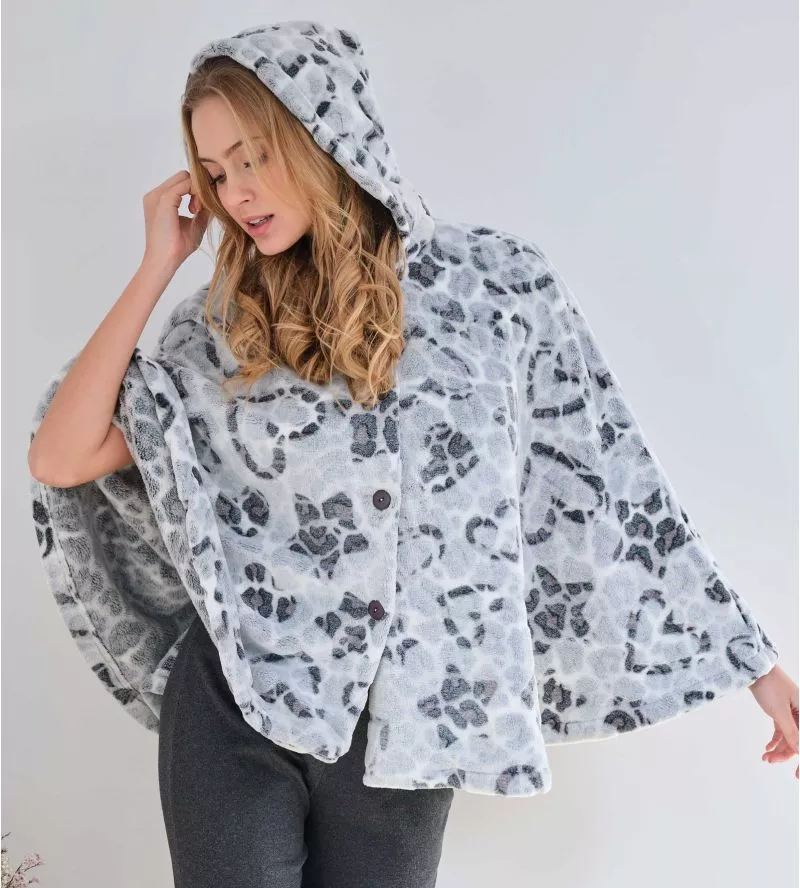 Poncho à capuche pilou coeur léopard Gris