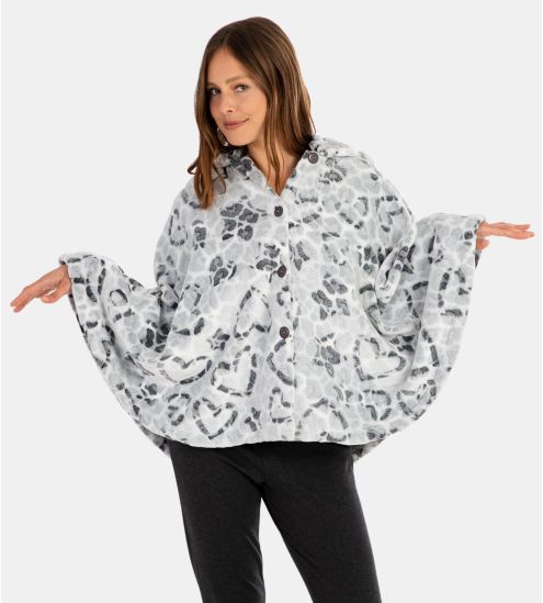 Poncho à capuche pilou coeur léopard Gris