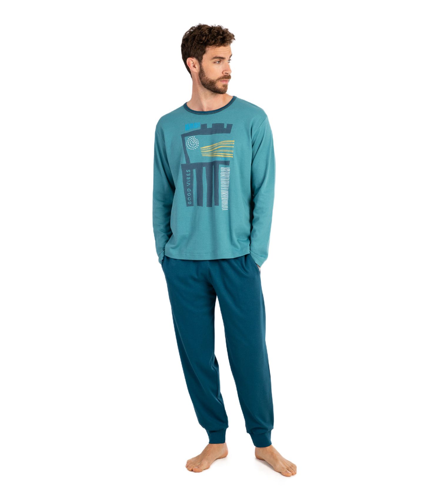 Pyjama Homme Manches Longues Coton Rayé - 95% Coton 5% Élasthanne | Confort Respirant | Taille Élastique Et Poches