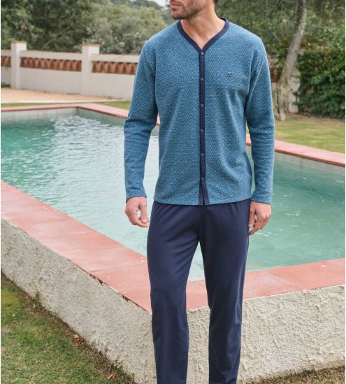 Pyjama long boutonné homme Bleu Chiné