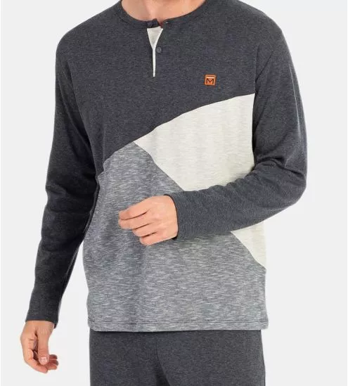 Pyjama long interlock col tunisien pour homme Gris Foncé