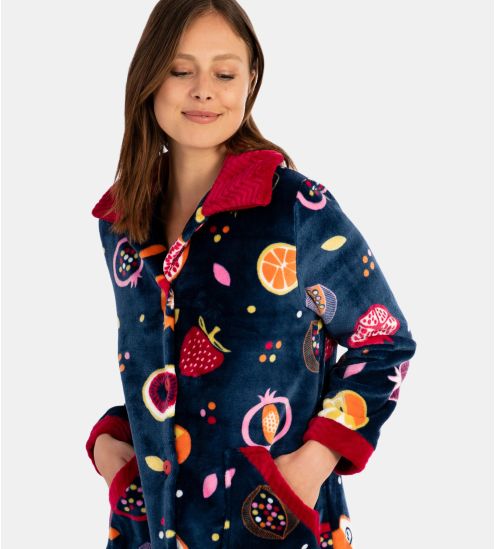 Robe de chambre femme en pilou imprimé fruits Bleu Marine