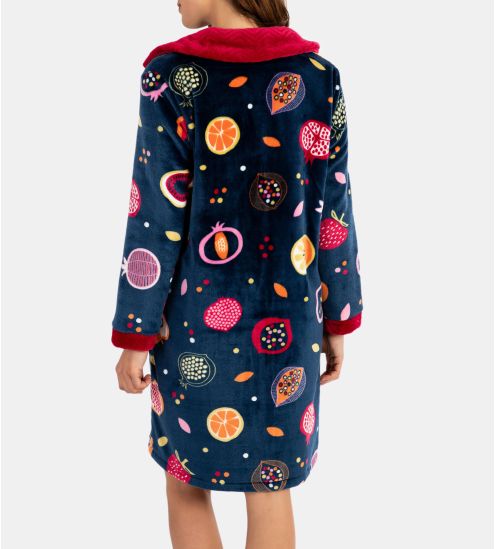 Robe de chambre femme en pilou imprimé fruits Bleu Marine