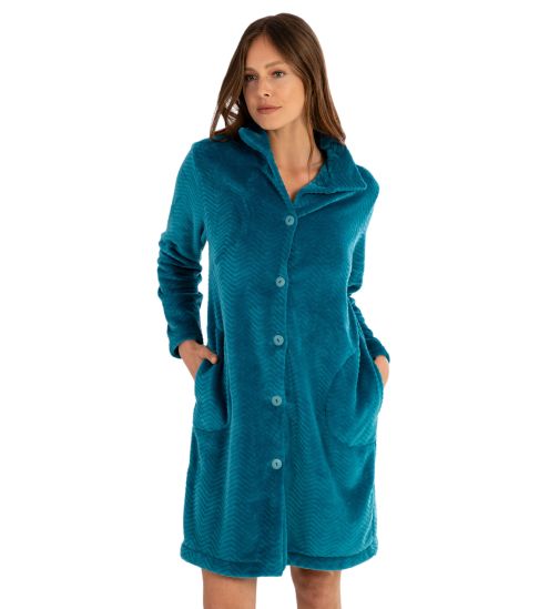 Robe de chambre boutonnée en pilou uni Bleu