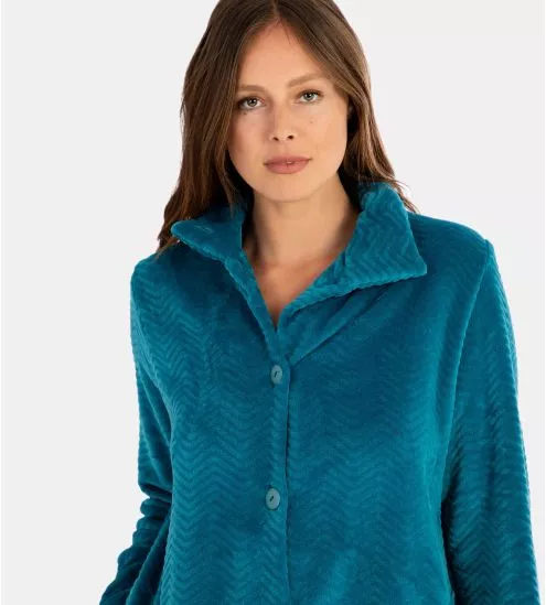 Robe de chambre boutonnée en pilou uni Bleu