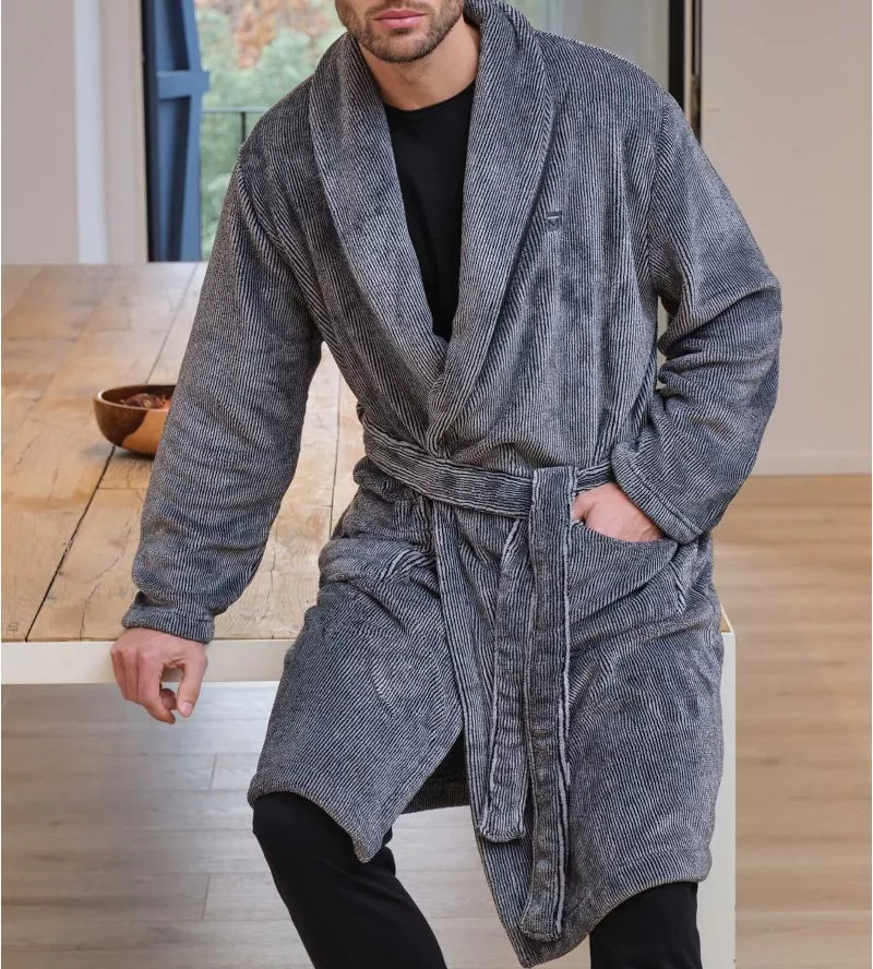 Robe de chambre homme en pilou rayé Noir