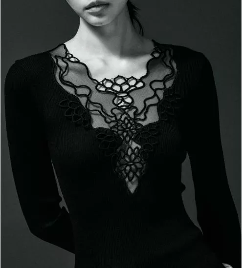 Top manches longues décolleté macramé Noir
