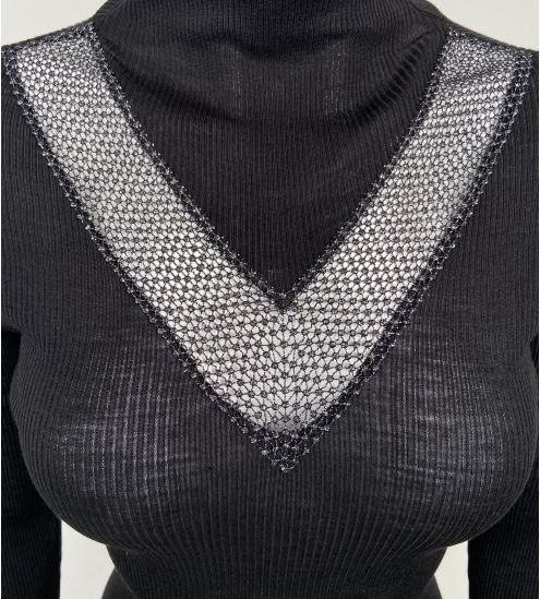 Pullover Wolle & Seide mit schwarzem Strassband