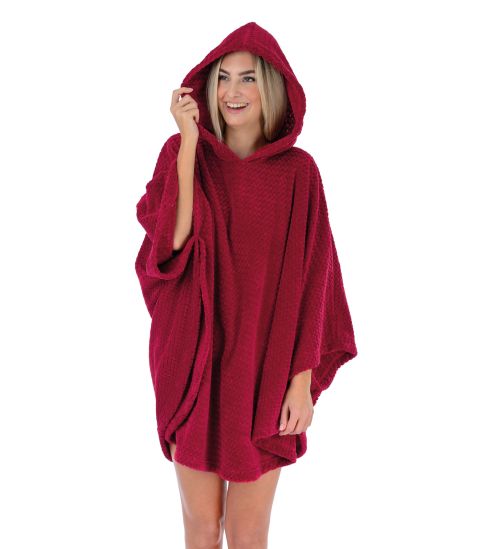 Poncho pilou à capcuche pour femme Bordeaux