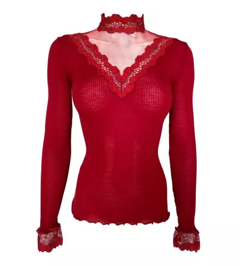 Pull Laine & Soie col en dentelle et tulle Rouge