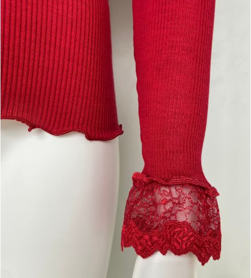 Pull Laine & Soie col en dentelle et tulle Rouge