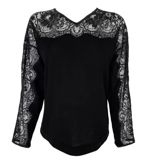 Pull côte plate en dentelle Laine & Soie Noir