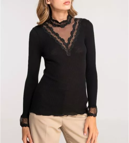 Pull Laine & Soie col en dentelle et tulle Noir
