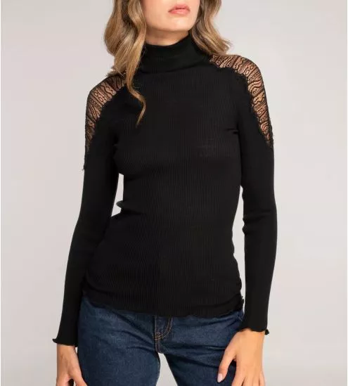 Pull Laine & Soie épaules dentelle Noir