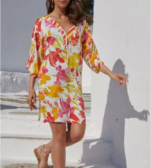 Tunique de plage manches 3/4 ENVOLÉE FLORALE Bouquet Floral